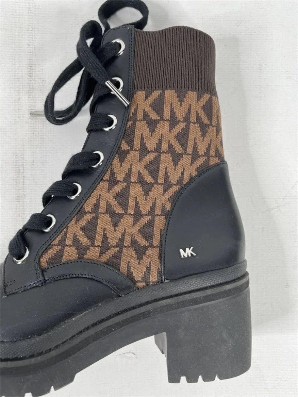 MICHAEL MICHAEL KORS Brea Leather and Logo Jacquard Combat Boot Size 6